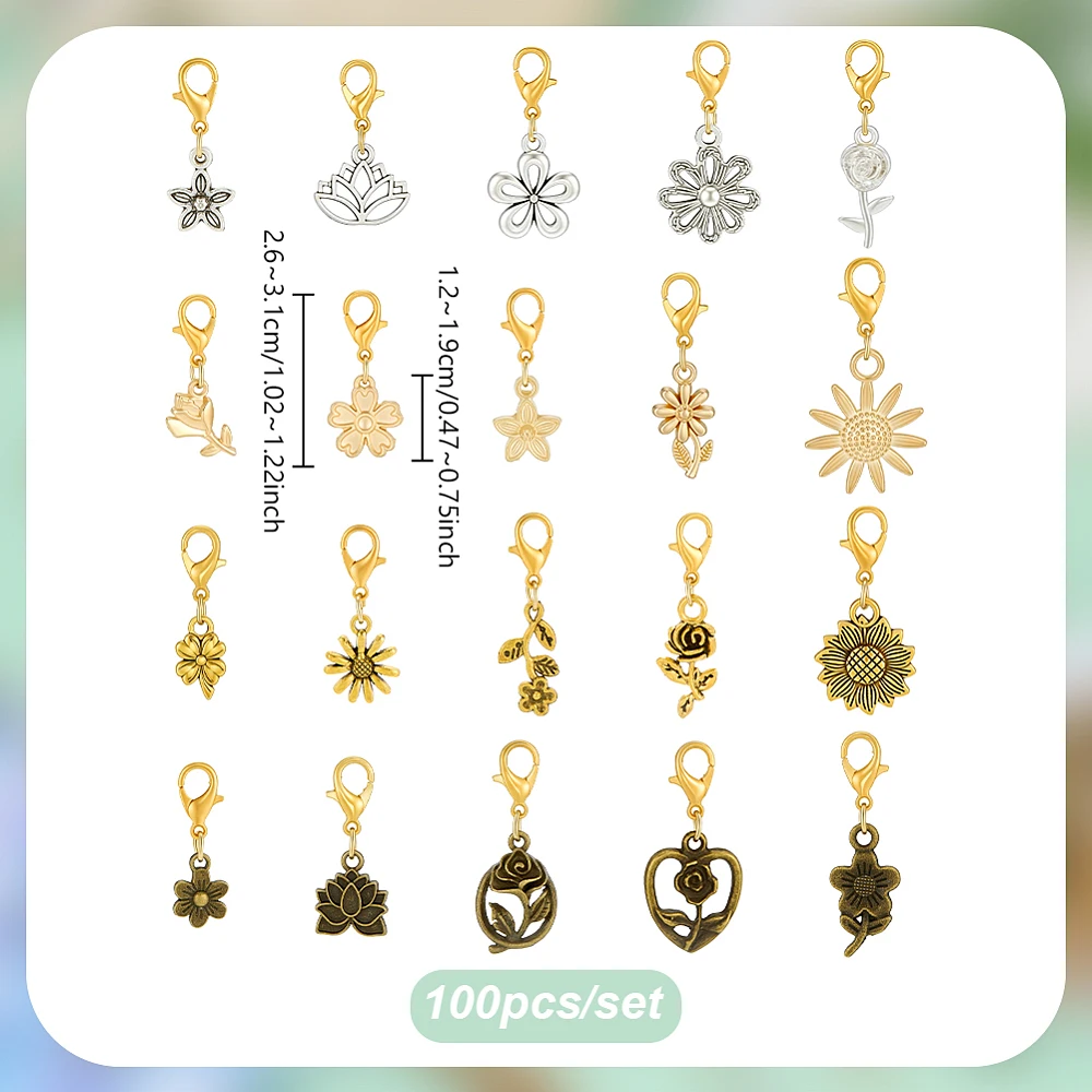 100pcs Flower Clip on Charm Pendant 5 Colors Shoes Decoration Pendants with Lobster Clasp Shoe Lace Charms for DIY Crafts Knit