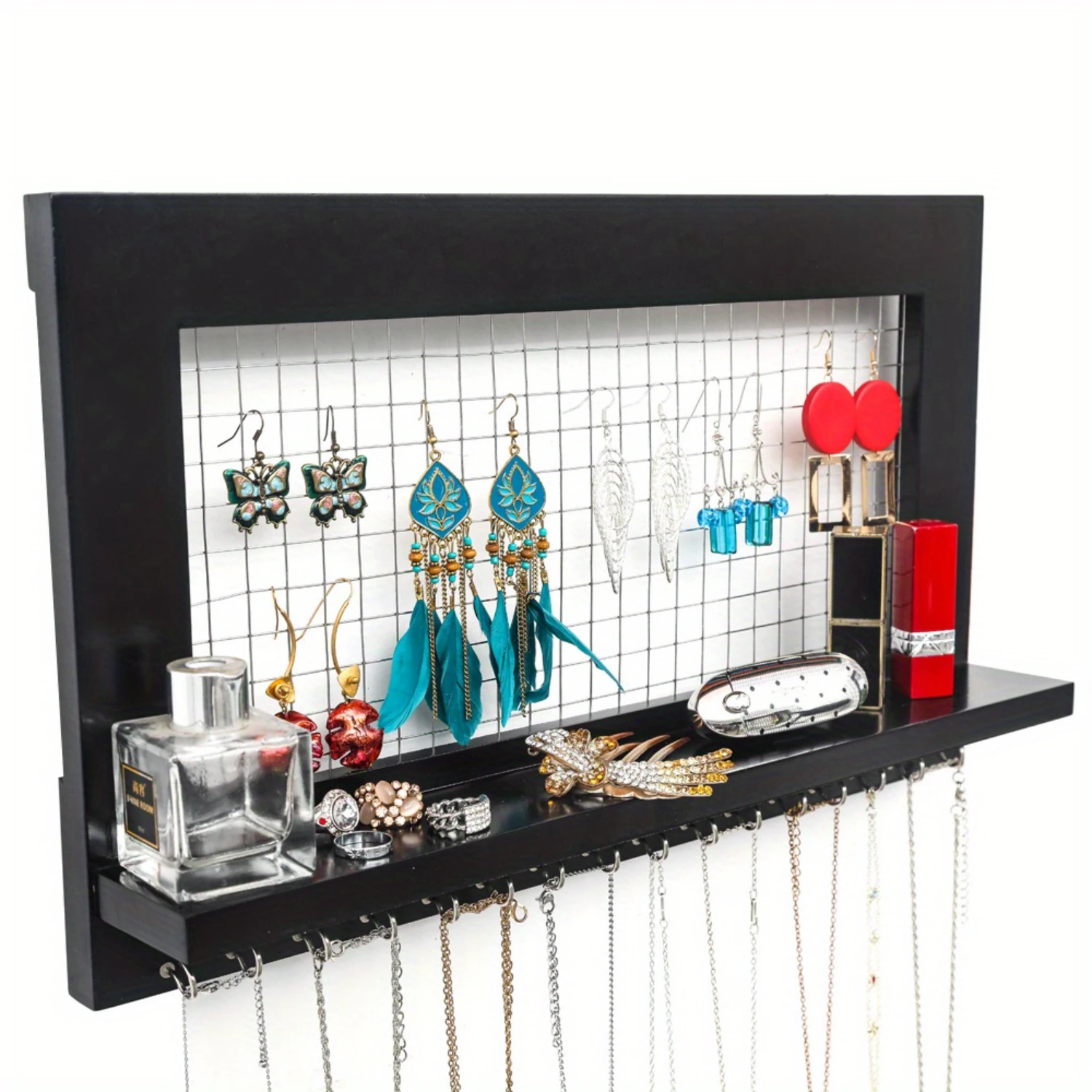 Manager - Wall Mounted Jewelry Stand, Shelf And 16  - Perfect Earrings, Necklaces And Bracelet Stand - Black