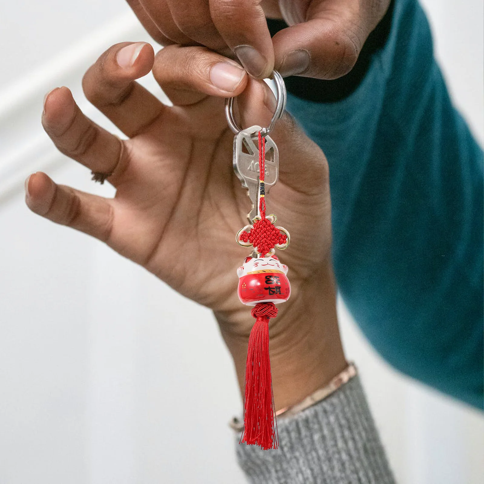 3Pcs Chinese Knot Pendant Lucky Cat Car Hanging Tassel Decoration Red Knot Tassel Keychain Ornament Car Decoration