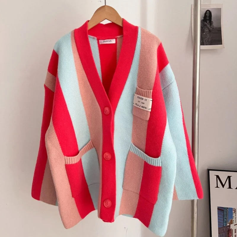 Women Long Sweater Coat Vneck Oversized Cardigans Patchwork Sweater Casual Striped Chic Street Knit Poncho Korean Tops