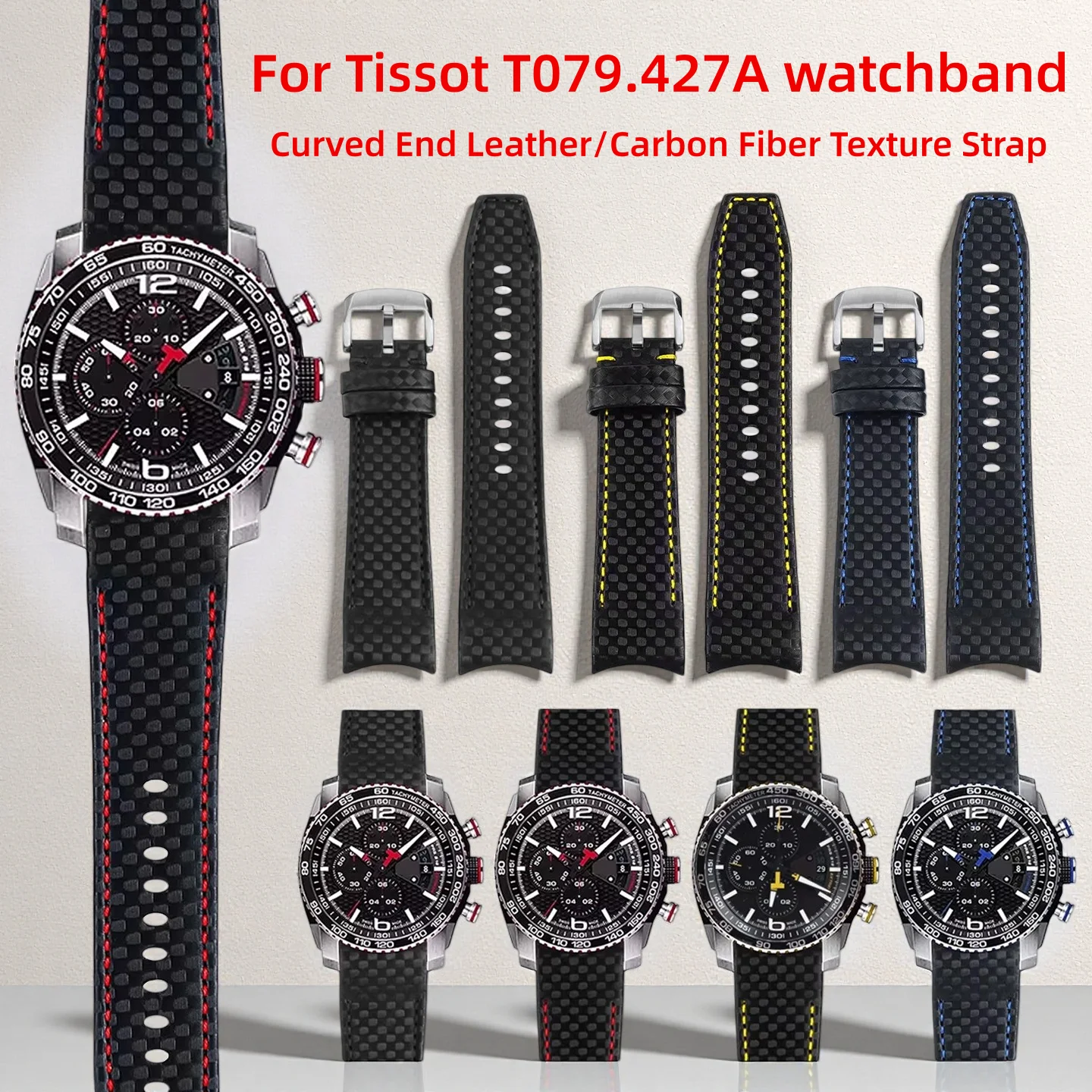 Correa de reloj de cuero genuino/textura de fibra de carbono con extremo curvado de 23 mm para Tissot T079.427A PRS 516 Extreme, correa de repuesto de piel de vaca
