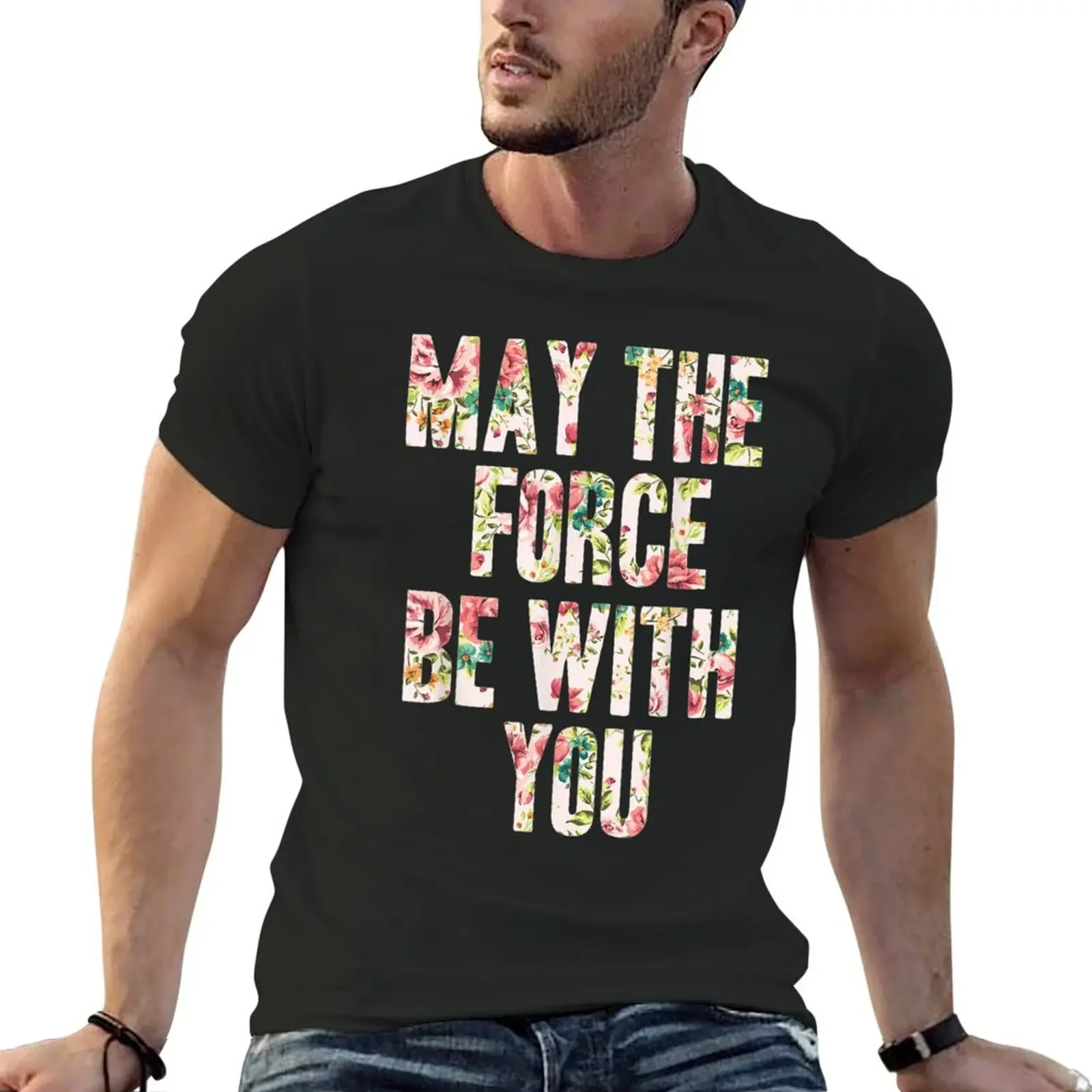 Футболка May The Force Be With You с цветочным узором, футболка на заказ, эстетичная одежда, винтажная рубашка в стиле аниме, простые белые футболки для мужчин