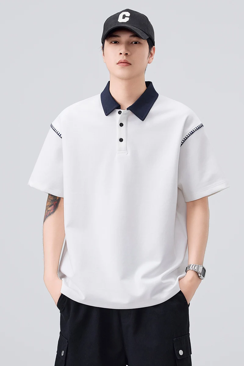 2026 Summer New Style Men's Youth Color-Contrast American-style Collar Short-Sleeved T-Shirt