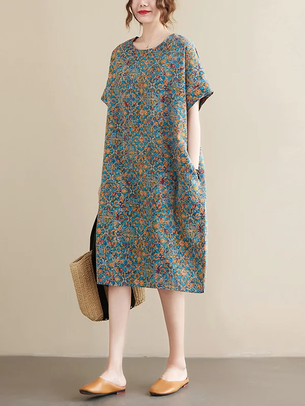 

Retro Cotton Linen Dress Women's A-Line Short Sleeve Floral Long Skirt Breathable Comfortable Spring Summer Fashion Sun Prote...