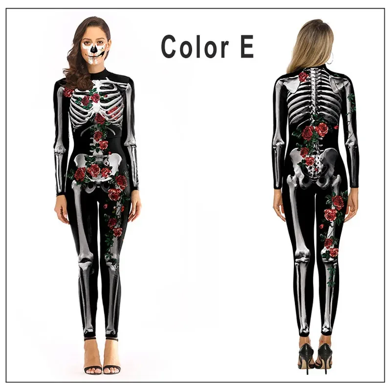 Ataullah 3D Print Scary Skeleton Costume Jumpsuit Halloween Costumes For Women Mechanical Skull Bone Elastic Bodysuit DW008 UY26