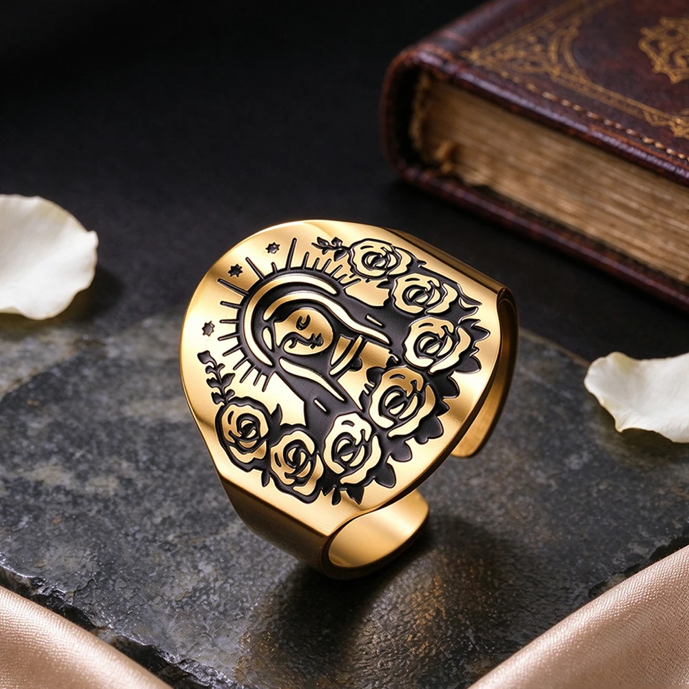 Virgin Mary Rose Ring 18K Gold Plated Stainless Steel Adjustable Open Ring Religious Our Lady Ring Faith Amulet Jewelry Women