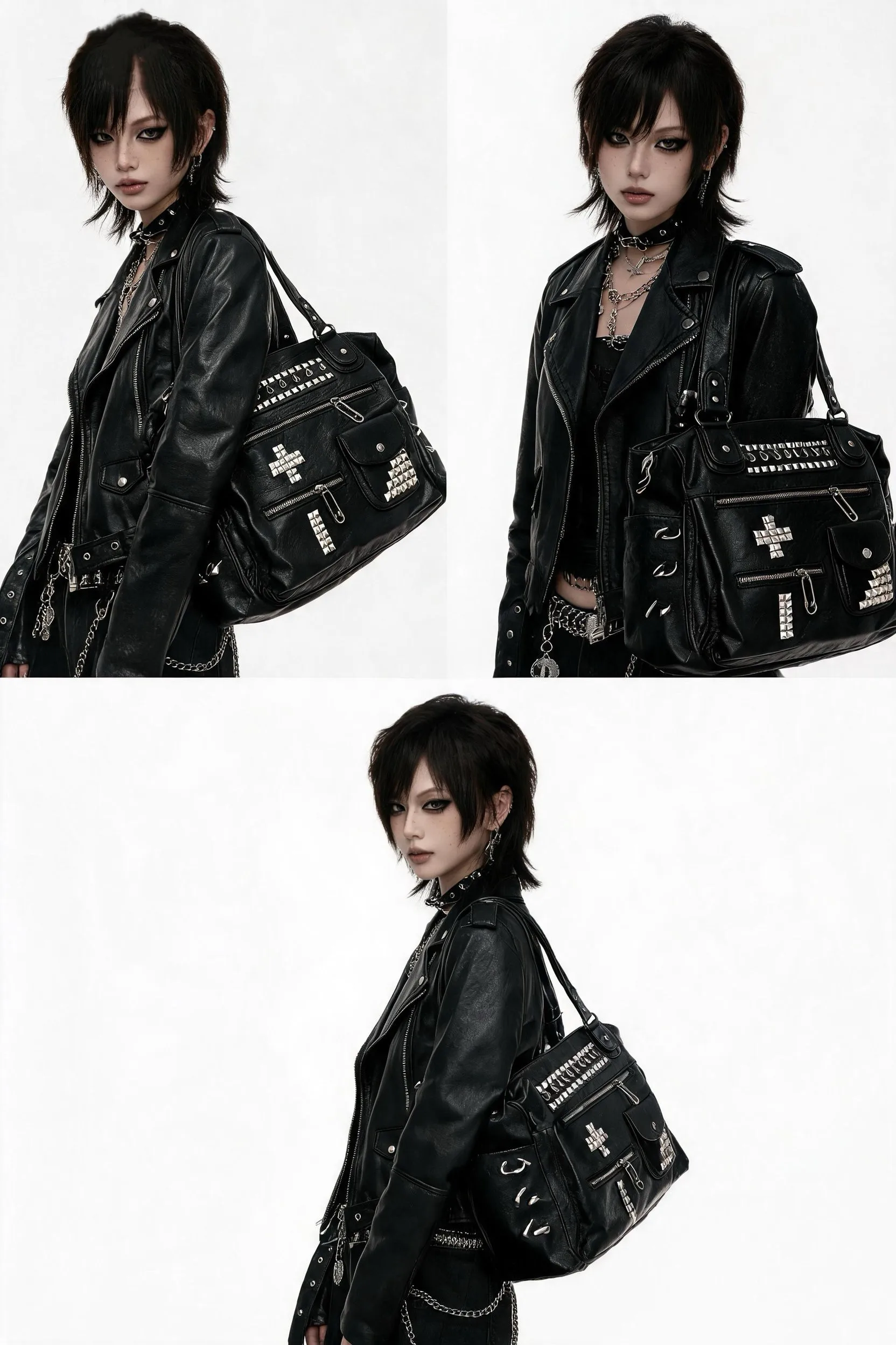 Original Design Multi Pocket Bag Rivet Punk Shoulder Bag Cross Y2k Black Leather Versatile Unique Bag