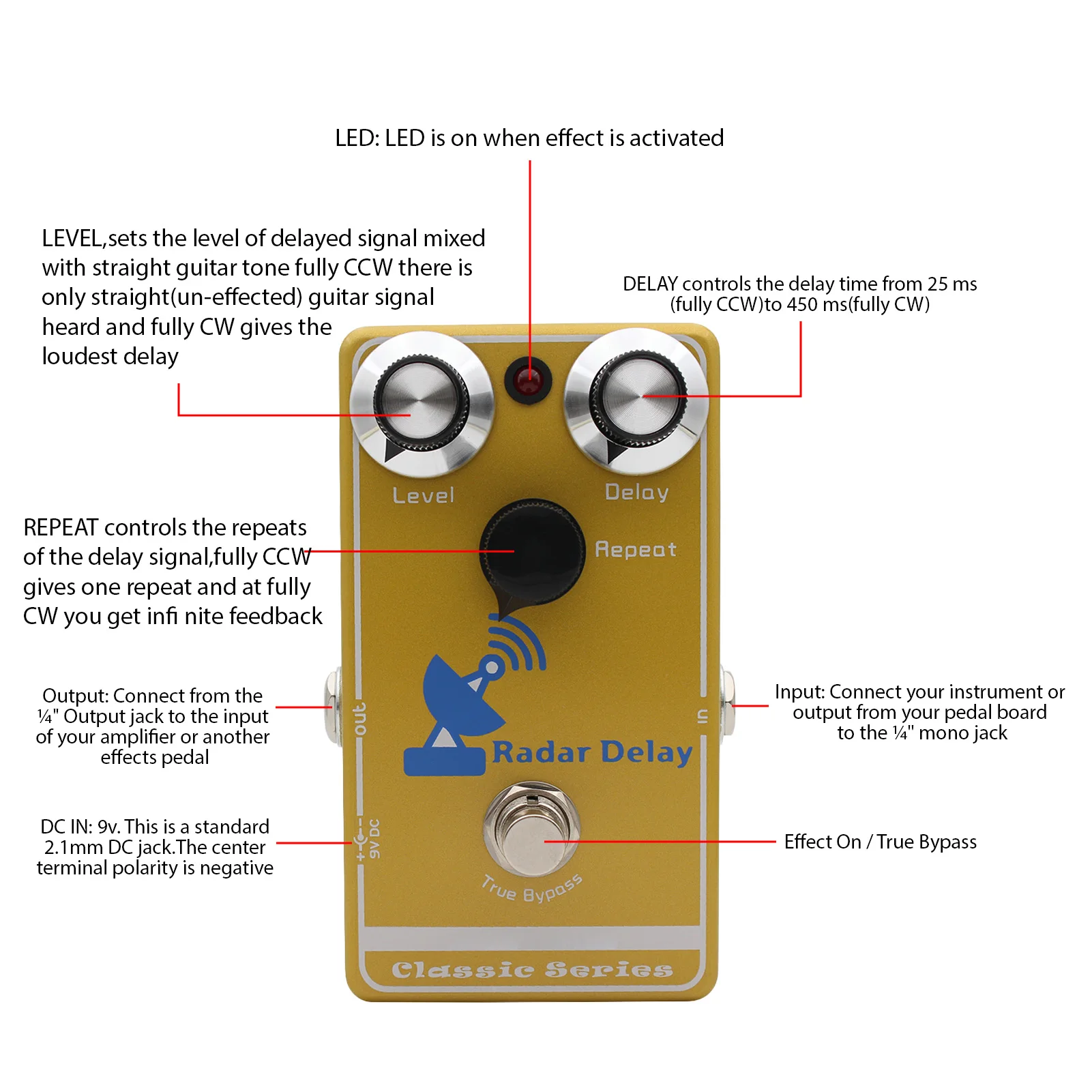 Pedale effetti ritardo chitarra Ritardo ibrido analogico-digitale Pedale effetti circuito BBD reale Decena eco ottimizzata a distorsione