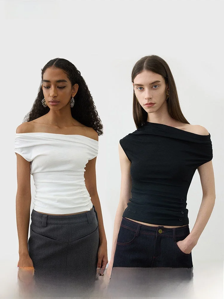 

AFTADAWN Modal Short Sleeve T-Shirt Asymmetrical Pleated Waist-Cinching Elastic Women's Fashion Spring Pure Color Top