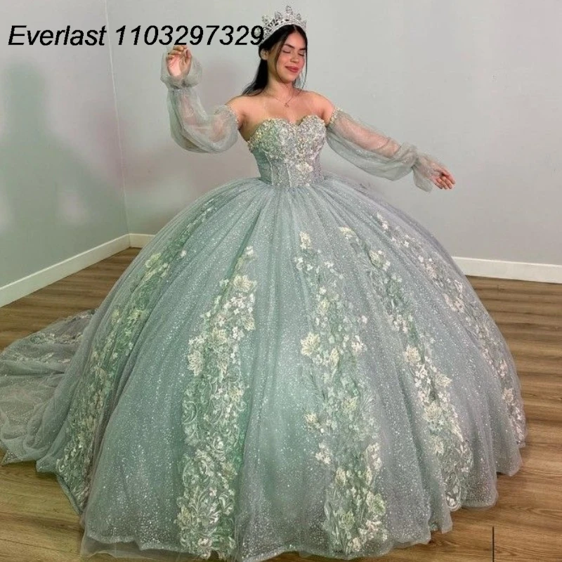 EVLAST Customized Sage Quinceanera Dress Ball Gown Lace Applique Beading Puffy Sleeve Sweet 16 Vestidos De XV 15 Anos TQD664