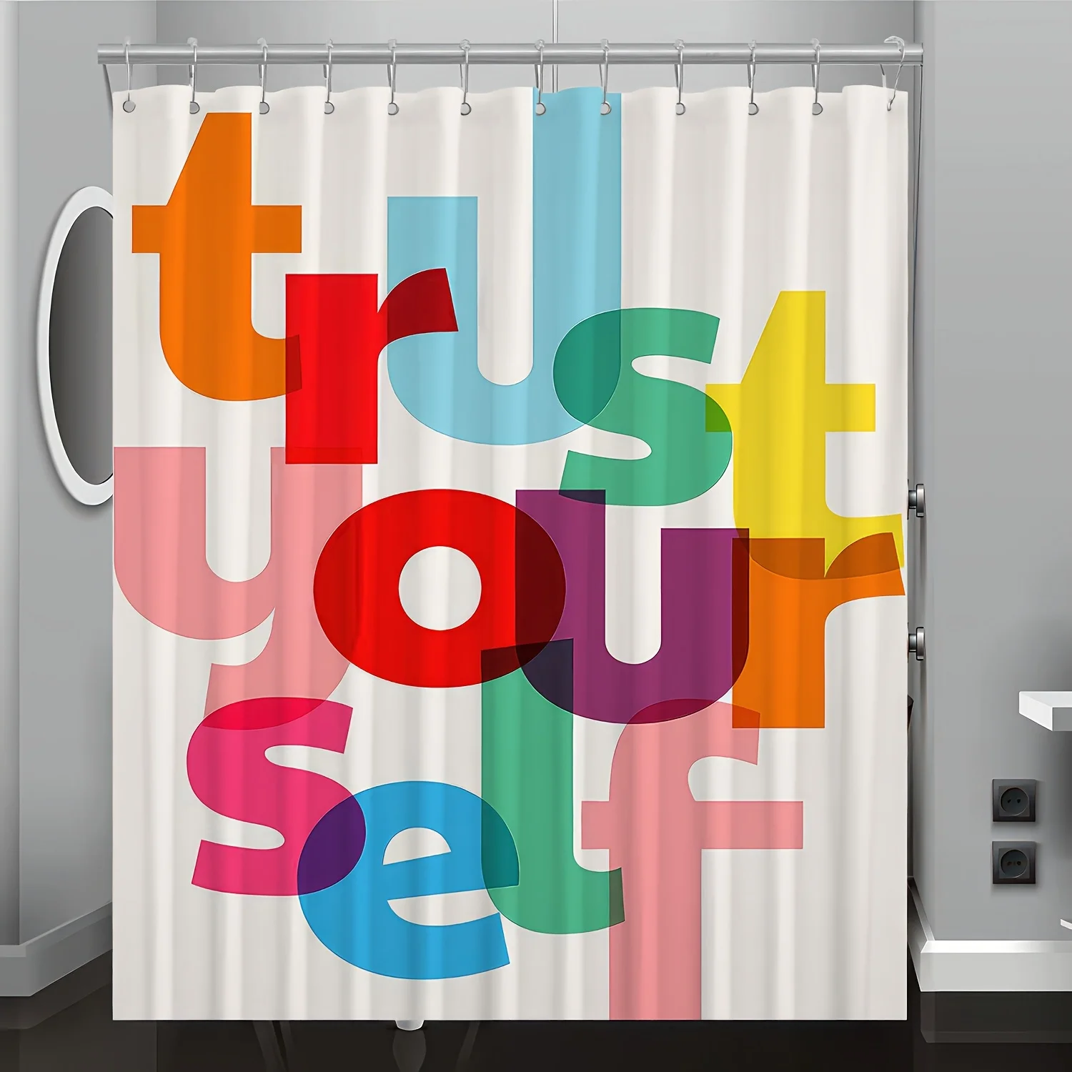 

1 шт. занавеска для душа с художественным принтом алфавита, мотивационный дизайн «TRUST YOURSELF», полиэстер, можно стирать в машине, в комплект входят крючки,