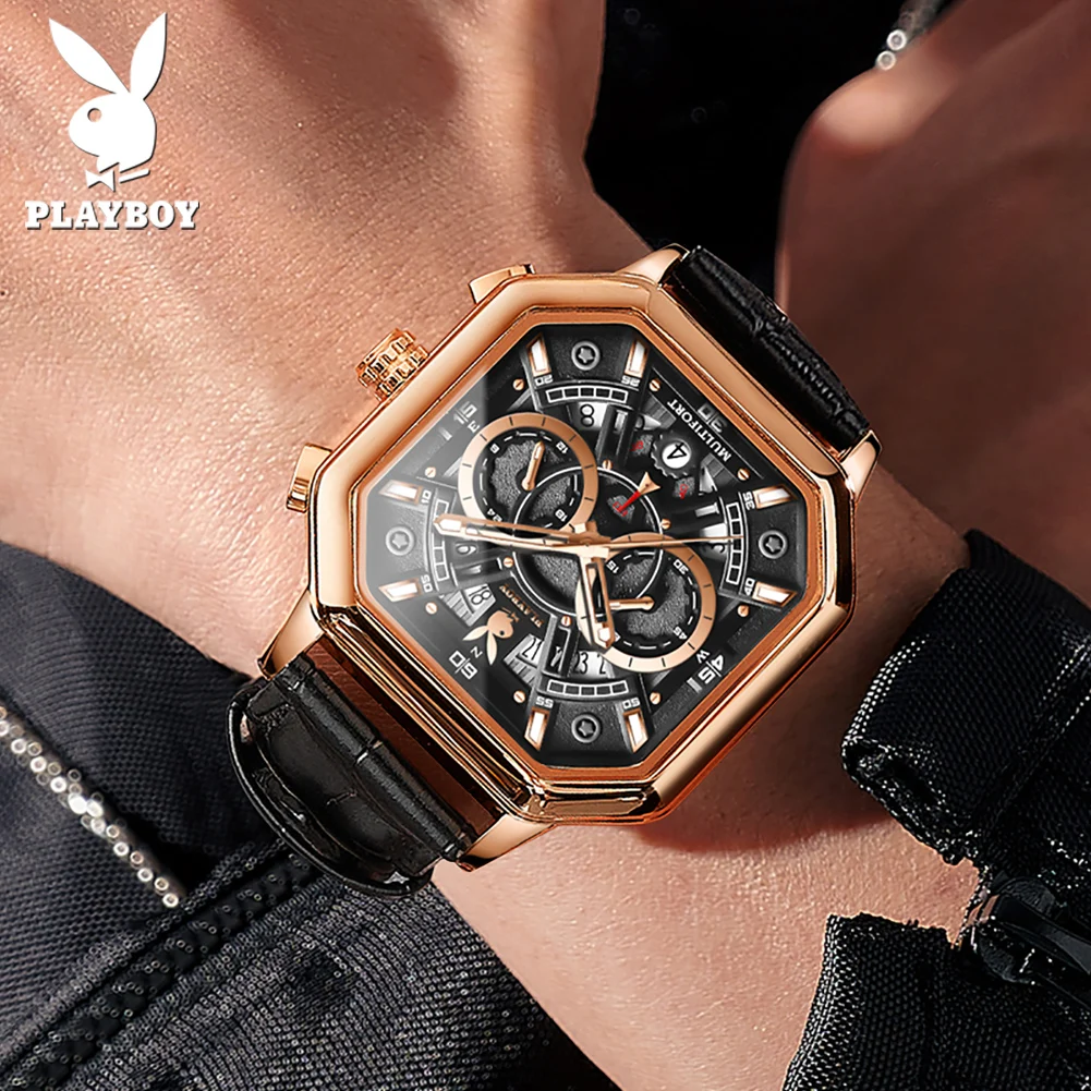 PLAYBOY 3068 Brand Men Quartz Watch Three Needles Design Supple Leather Strap Luminous Function Classic Style Watch