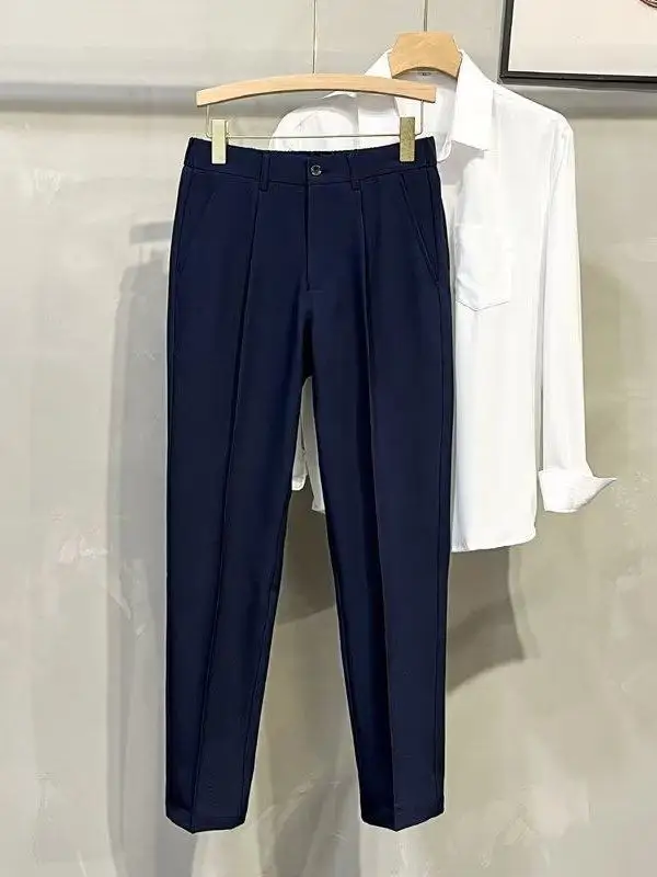 Men's Business Casual Straight Leg Pants Anti-Wrinkle No-Ironing Slim Fit Black Nine-Piece Elastic Trousers Youthful Energy S...