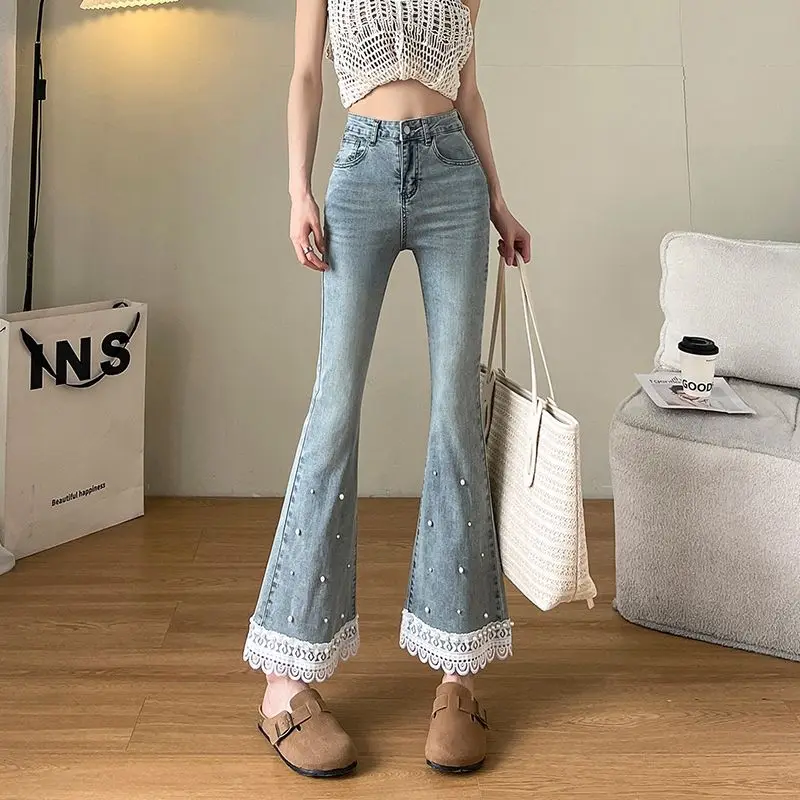 Boot Cut Girls 2024 New Spring Summer Pearl  Ankle-Length Pants Slim Lace Fashion Sweet Women Jeans All-match