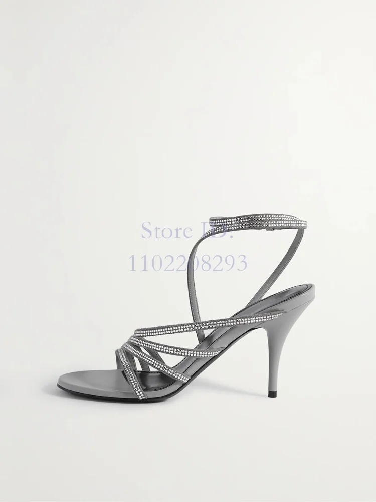 Silver Crystals Slim Strap Stilettos Sandals Leather Round Toe Back Buckle Ankle Straps Thin High Heels 2024 Women Dress Shoes