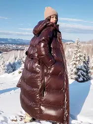 Mit Gürtel Damen Winter Daunenjacke Langer Puffermantel Weiße Ente Dicke warme Kapuze Wasserdichte Daunenjacke mit Schärpen Outwear