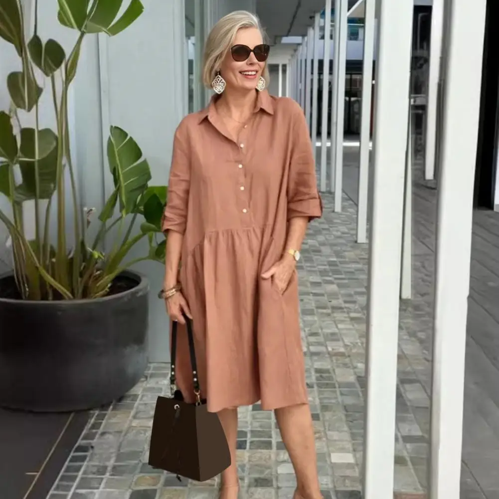 

Solid Color Midi Dress Vintage Lapel A-line Dress with Pockets for Women Summer Midi Dress for Party Travel Work Midi Casual