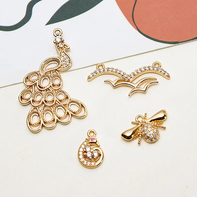 1pcs Diy Accessories Cast Copper Micro-encrusted Zircon Bird Swallow Peacock Jewelry Pendant Earrings Handmade Charms