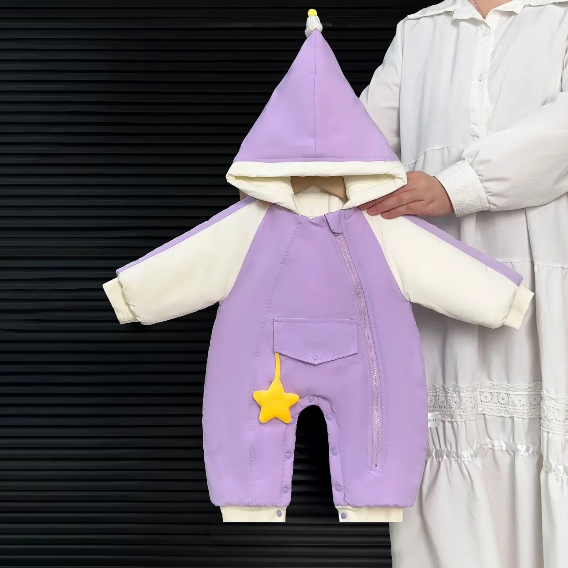 Baby Zipper Romper Elf Hat Quilted Fleece Jumpsuit  Winter Unisex Star Detail 0-3Y Warm Infant Outerwear