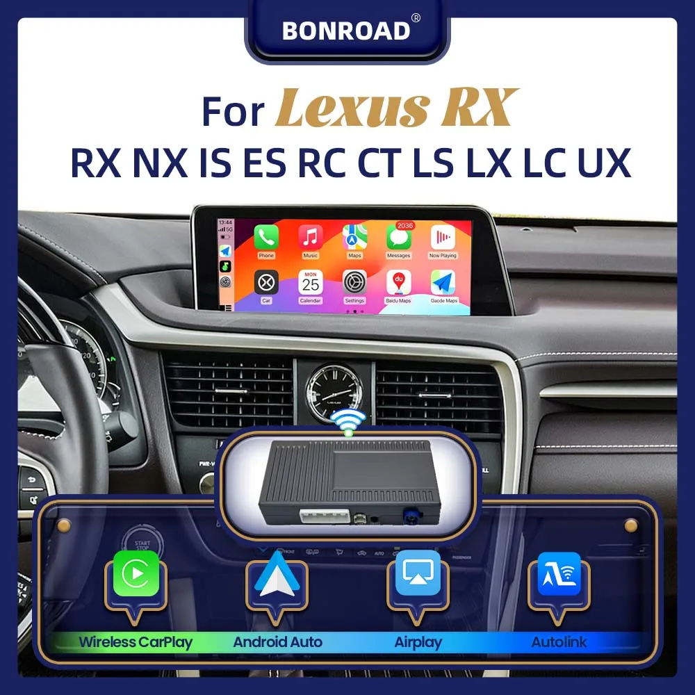 Adapter interfejsu BONROAD Wireless CarPlay Android Auto do Lexus RX NX IS ES GS RC CT LS LX LC UX 2014 2015 2016 2017 2018 2019 z funkcją Mirror Link, Airplay, BT i modułem nawigacji GPS