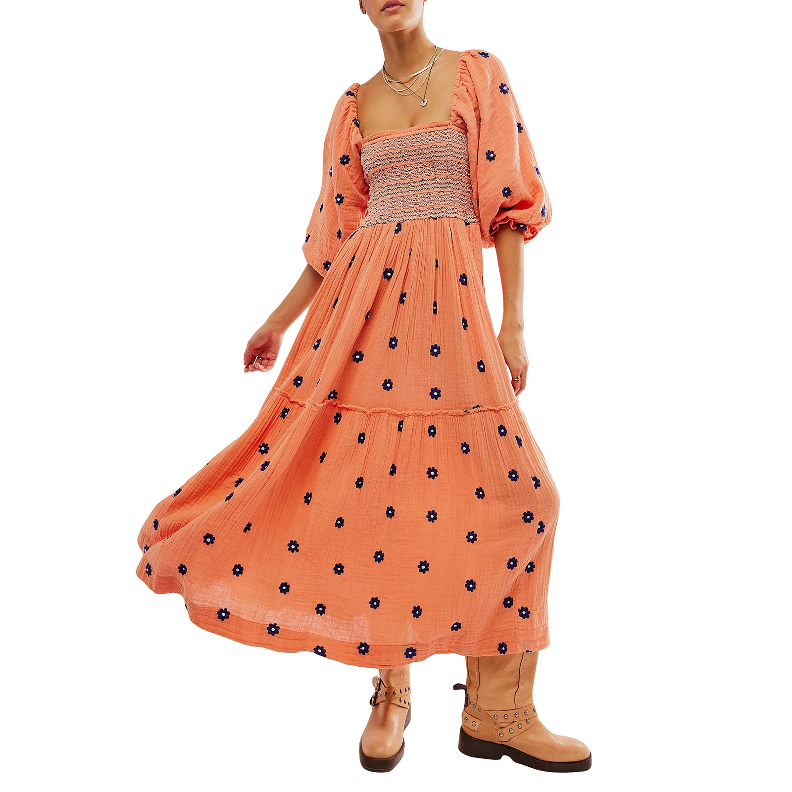 Dames Zomer Casual Lange Jurk 3d Geborduurde Bloemen Jurk Met Vierkante Hals En Pofmouwen, Mode Jurk Met Rugloze A-Lijn