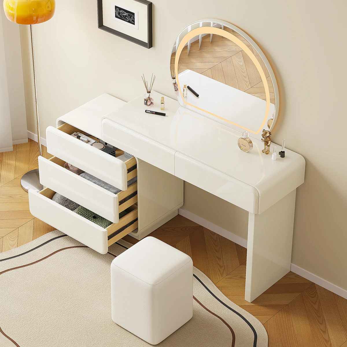Modern Cream Style Dressing Table with LED Mirror Popular Makeup Table with Chair Wood Vanity Elegant Storage Dresser Table Set