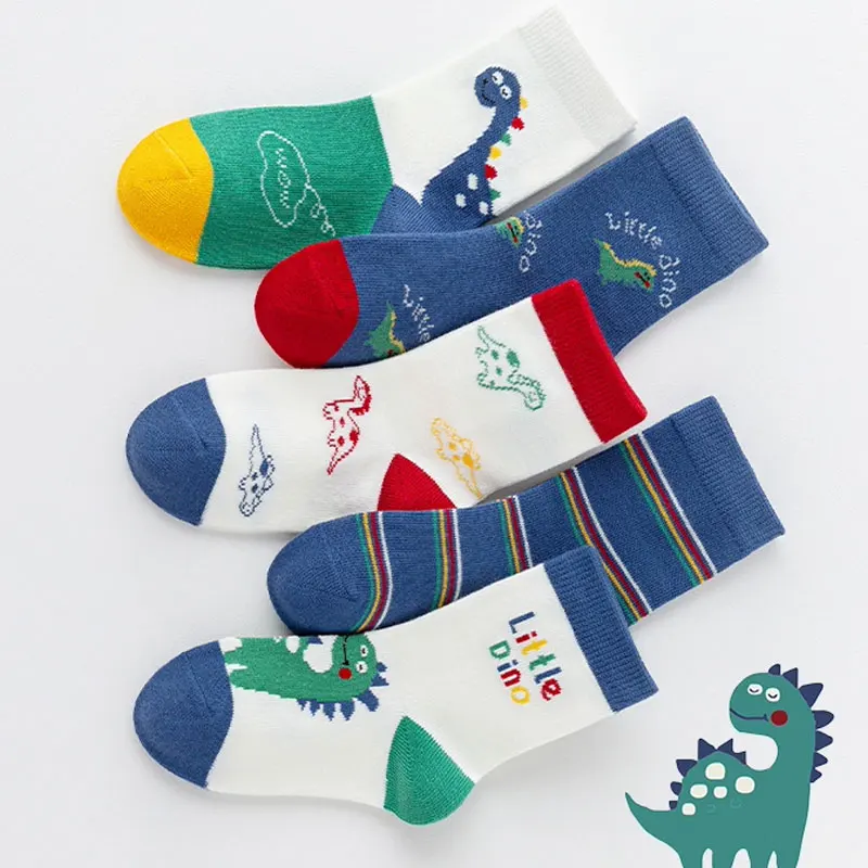5Pairs Cartoon Dinosaur Kids Mid Tube Socks Boys Odor Resistant Sports Socks 0-14Year Children Cotton Sock Fashion Baby Footwear