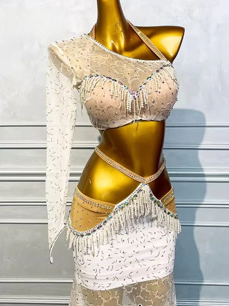 Traje de práctica de danza oriental para mujer, conjunto de traje de danza del vientre blanco para entrenamiento deportivo orm