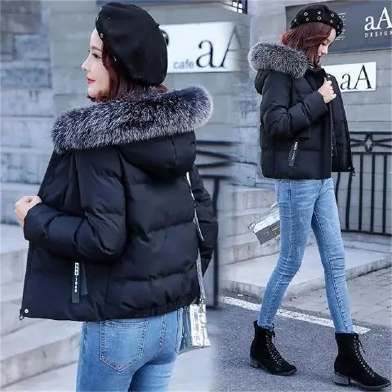Short Fur collar cotton Jacket Women's Coat 2025 Winter New Loose Versatile Thick Hooded Jackets Female Warm Parkas Outwear ﻿