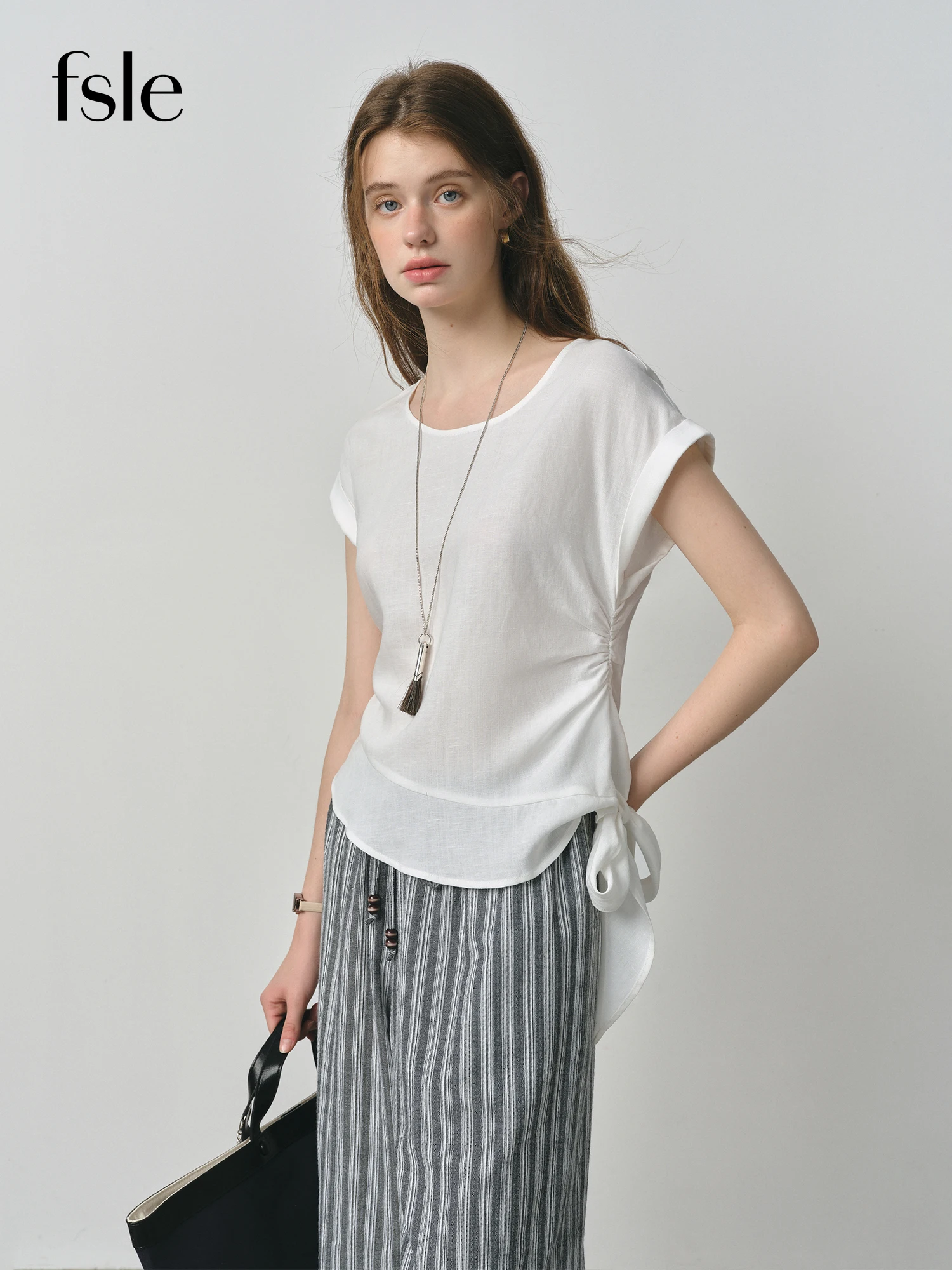 

FSLE Tencel Linen Cap Sleeve T-shirt Tops Women's Temperament Lazy Commuting 2025 Summer New 25FS12890