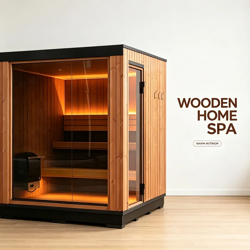 Square Outdoor Sauna Cabin, Natural Solid Wood Dry Steam 4‑6 Person Floor‑to‑Ceiling Glass for Garden Vacation Rental Backyard