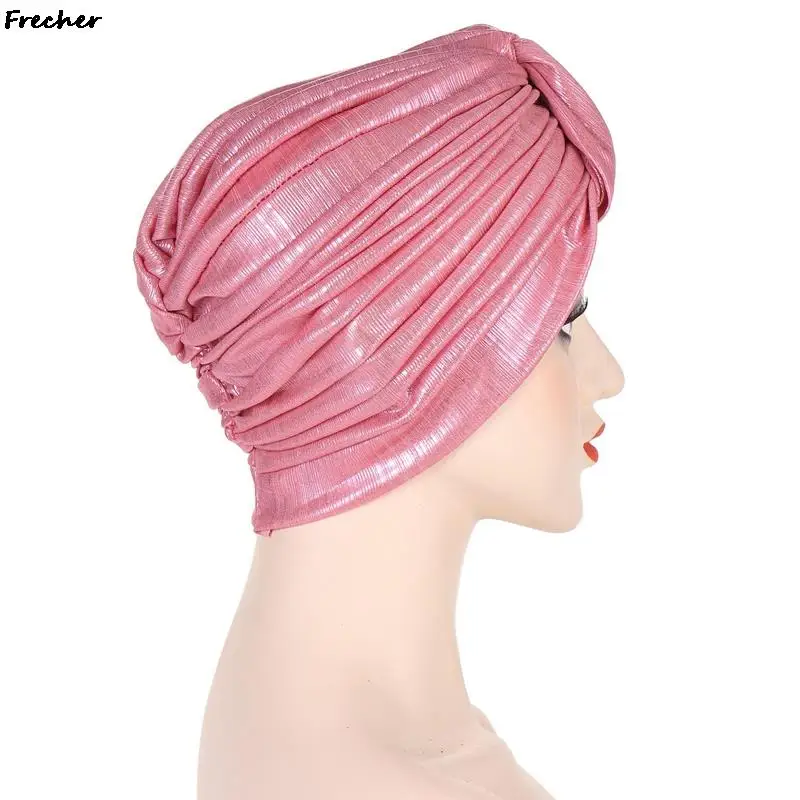 Bright Leather Turban Hat Women Muslim Hair Cover Ladies Wedding Party Hijabs Hats Knotted Pleated Headband Inner Caps Bandanas