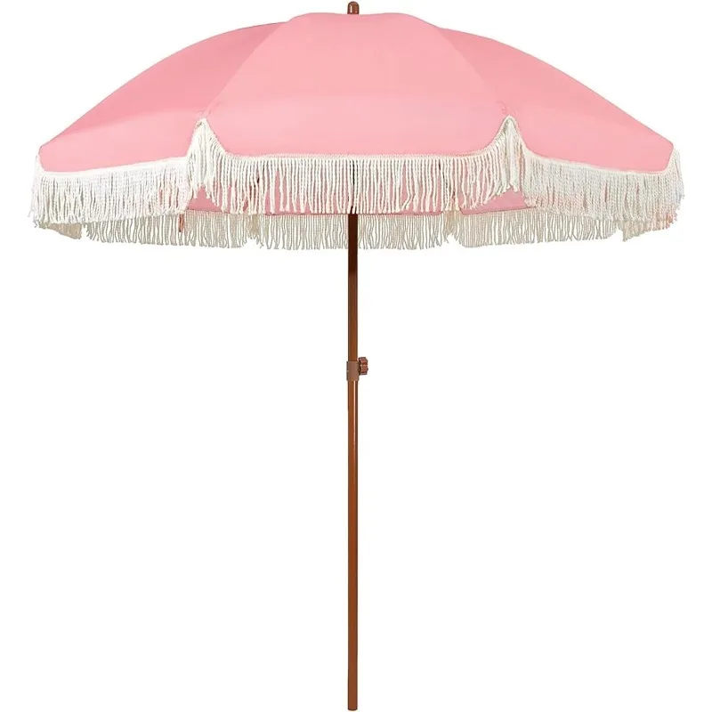 7ft Patio Umbrella with Fringe Outdoor Tassel Umbrella UPF50+ Wood Color Steel Pole and Steel Ribs Push Button Tilt