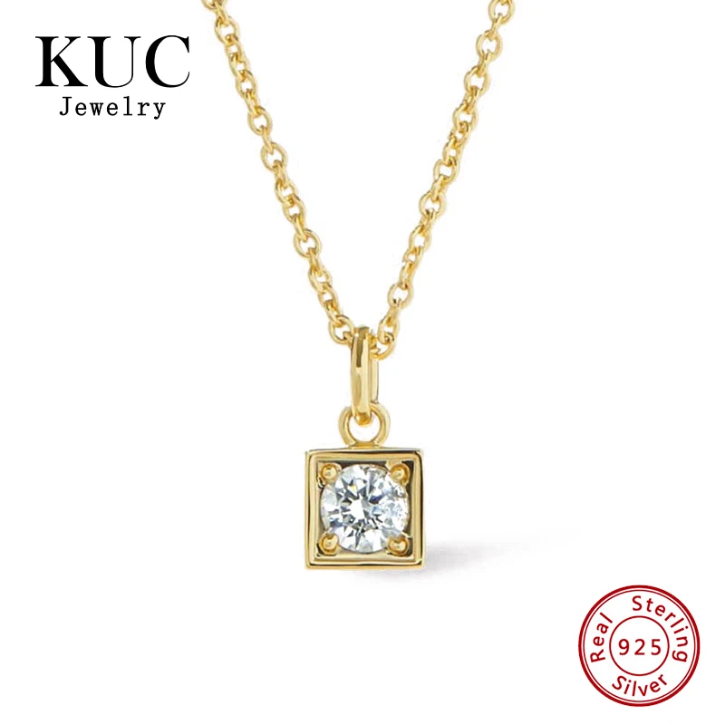 

Trendy Fine Jewelry Minimalist 925 Sterling Silver Square frame Set with Round Zircon Pendant Necklaces for Girls