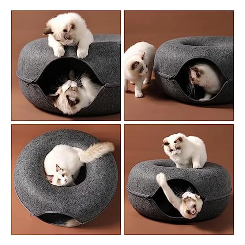 Peekaboo-Cat-Cave Felt Cat-Tunnel Bed For Indoor Cats,Detachable Round Cat-Felt & Washable Interior Cat-Play Tunnel