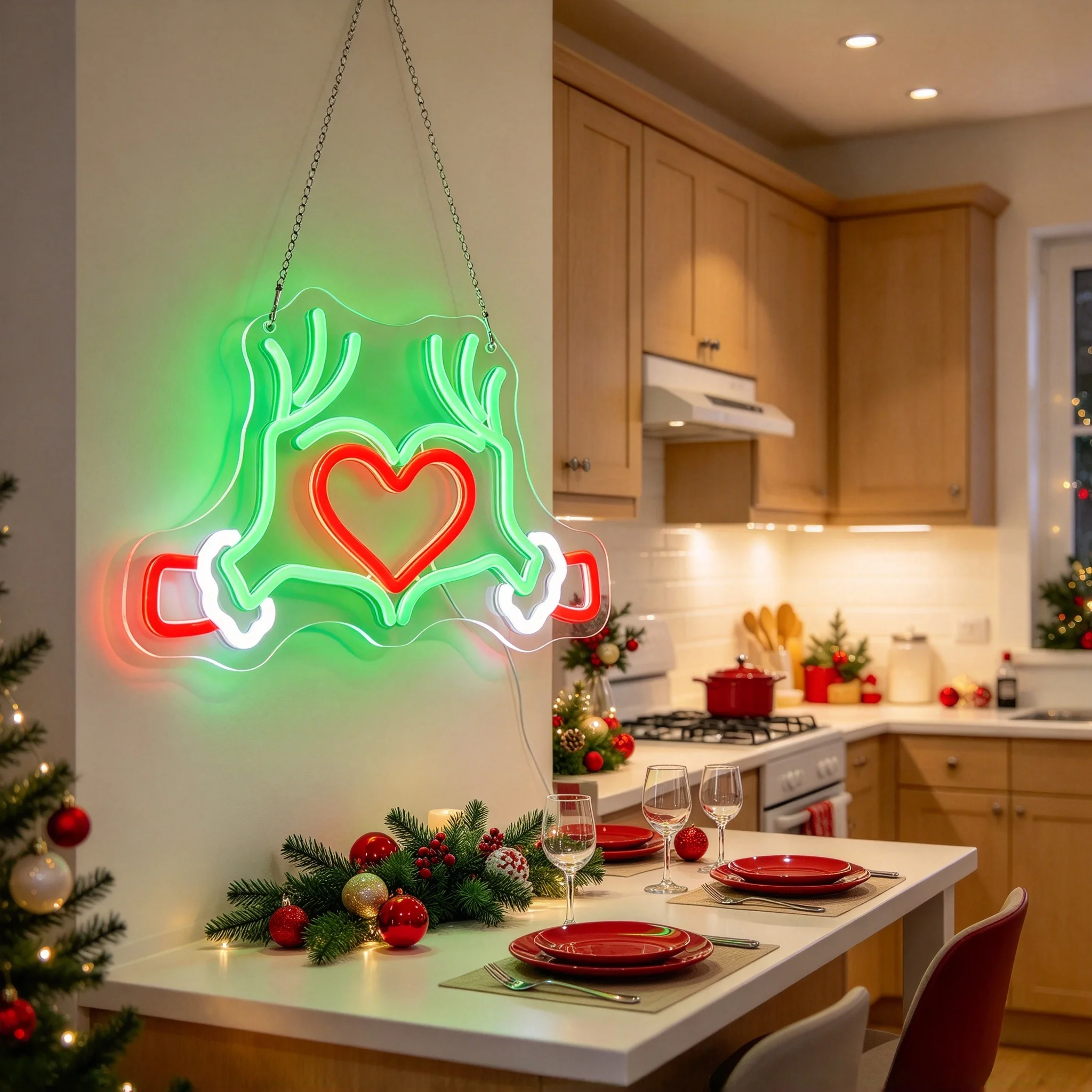 1  Christmas Green Hand Love Neon Lamp Wall Decoration Lamp LED Acrylic Luminous Lamp Board Wall mounted Christmas Decoration