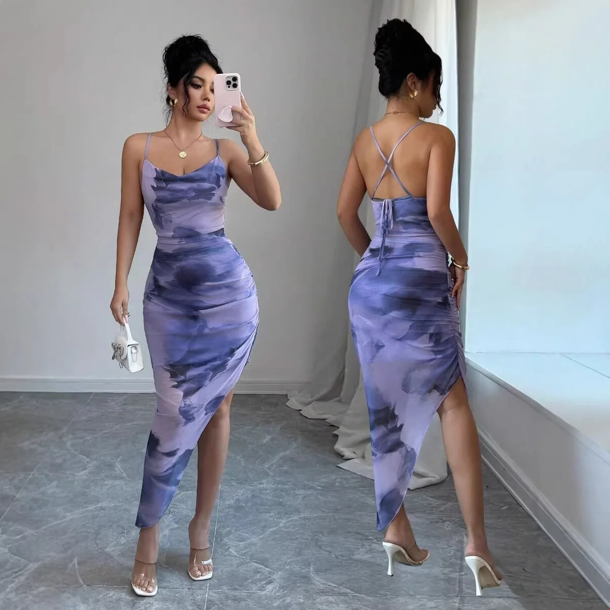 

Luxurious women's evening dress for spring and summer with tie-dye print, V-neck, backless and thin shoulder straps