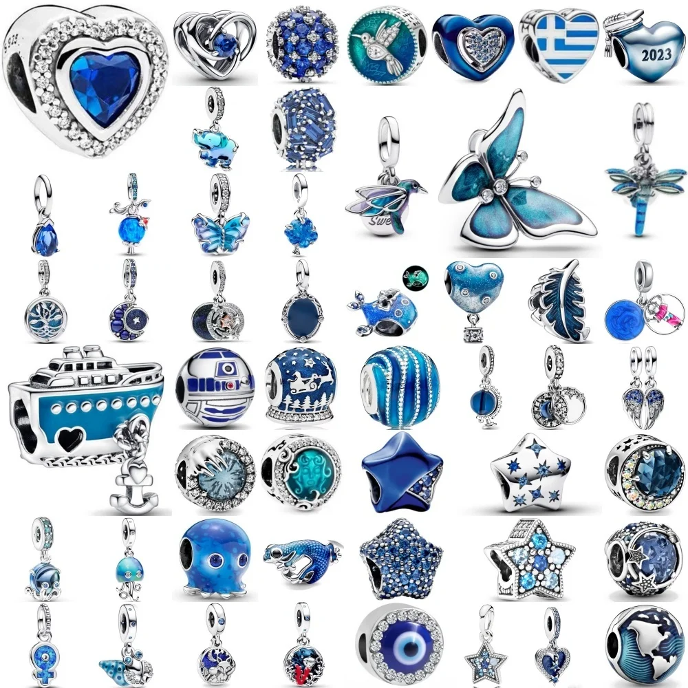 

925 серебро, синяя бабочка, стрекоза, пентаграмма, кулон с перьями, бусины, подходят для европейского оригинального браслета, сделай сам, изысканные ювелирные изделия