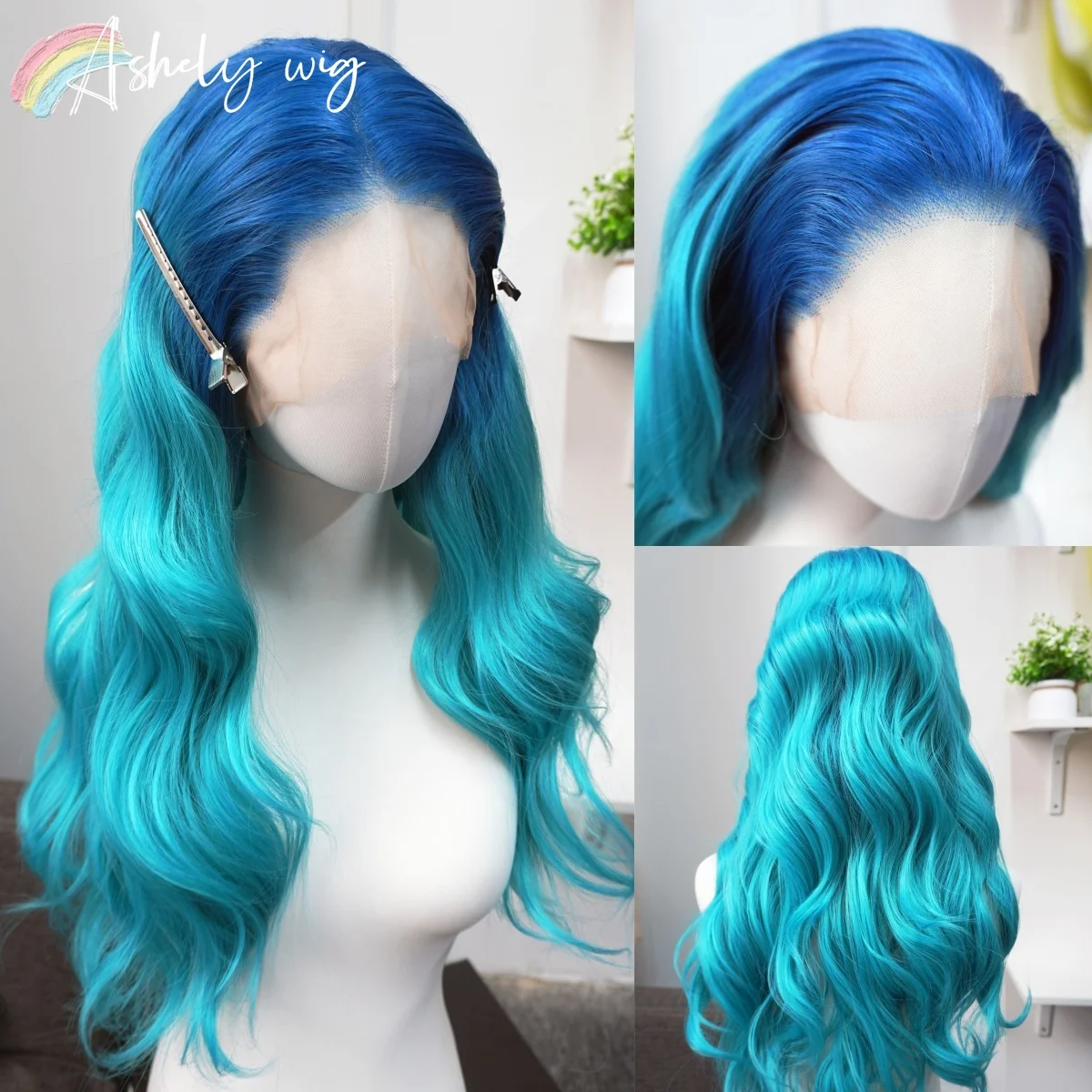 Mermaid Blue Wig for Women 26inch Long Water Wavy Wig 13x4 HD Lace Front Wigs Green Blue Wave Cosplay Synthetic Lace Wigs