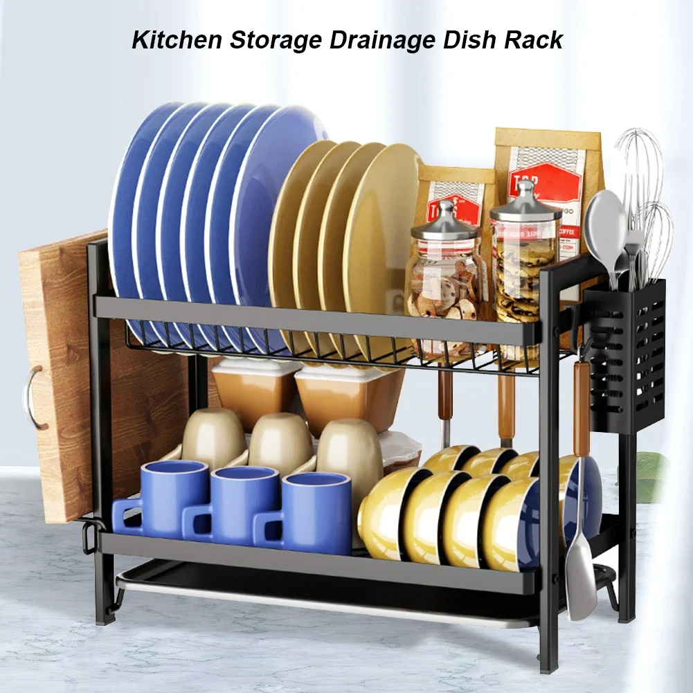 

2 Tier Dish Drying Rack Rust-Resistant Bowl Dish Rack with Utensil Cutting Holder Board Holder Kitchen Accessories Organizer