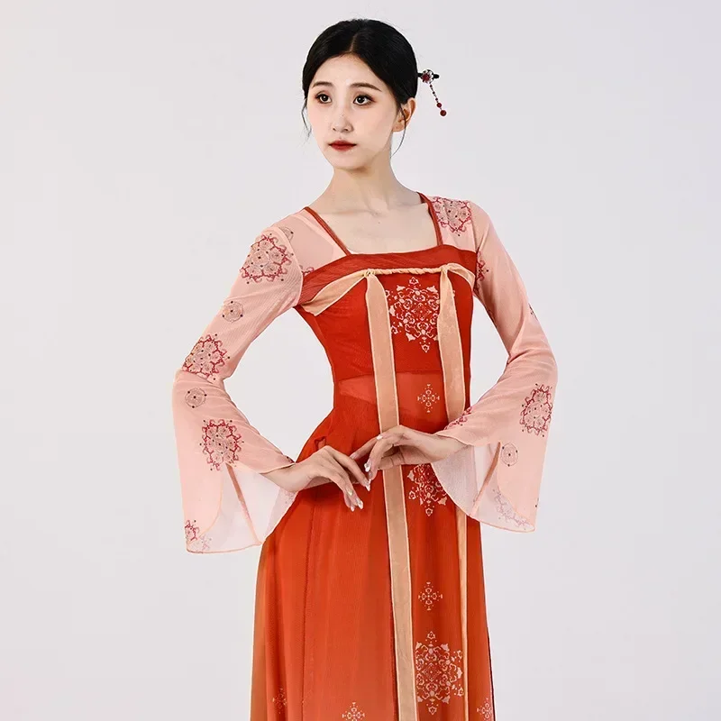 Costume de danse classique pour femmes, tenue de scène de Style chinois de la dynastie Han et Tang, présentation d'une robe en maille élégante et longue