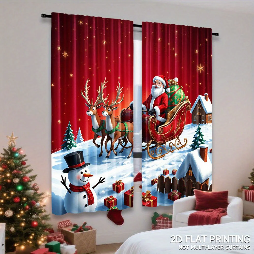 Christmas Santa Claus Curtains, Reindeer Sleigh Snowman Graphic Window Drapes, Xmas Holiday Home Decor, Blackout Fabric