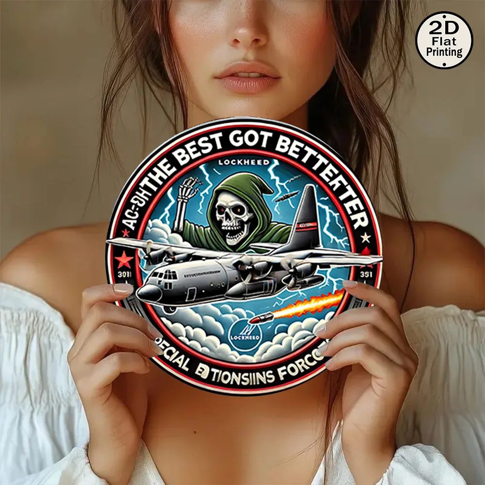 قطعة واحدة من لوحة القصدير المعدنية المستديرة مقاس 8 × 8 عتيقة - تصميم شارة القوات الخاصة مع عمل فني عسكري من Lockheed C-130 Hercules، مسطح ثنائي الأبعاد #3