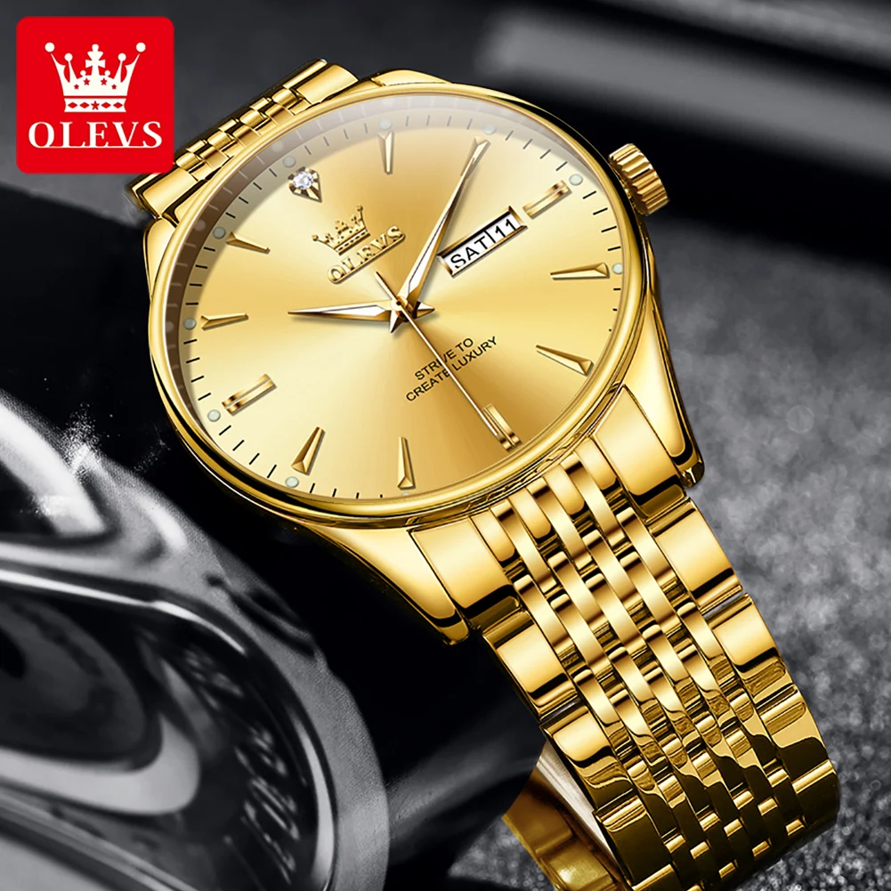 OLEVS Luxury Brand Original Men watches Fashion Waterproof Dual Calendar Quartz Watch Stainless Steel Strap Luminous Wristwatch