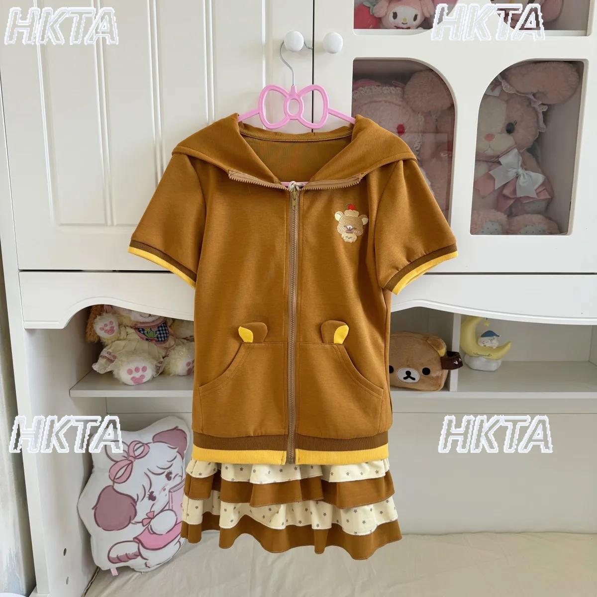 Japanese Cute Cartoon Embroidered Kangaroo Pocket Waist Hooded Jacket Top Female Polka Dot Cake A Line Skirts Sweet Sets Women
