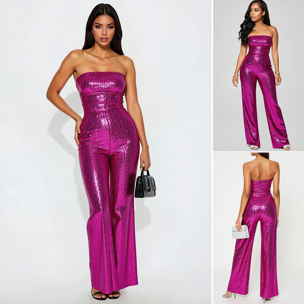 

Women's Jumpsuits Autumn Premium Strapless Corset Flared Hem Ankle Grazing Electric Pink Sequin Full Coverage Metallic Jumpsuit