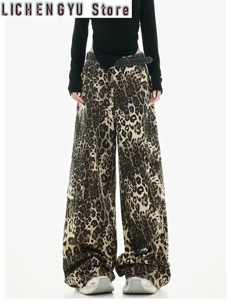 Women's Retro Street Leopard Print Straight Leg Thin Pants Cool Girl Street Fashion Female High Waist Baggy Unisex Trousers