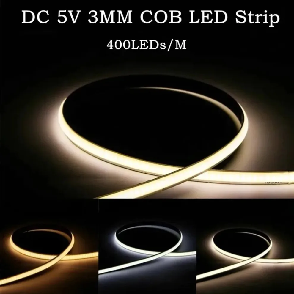 400LEDs/M Ultra Thin  3mm  COB LED Strip DC5V High Density Colorful Flexible Light with USB/DC Plug/2Pin Wire for DIY Home Decor