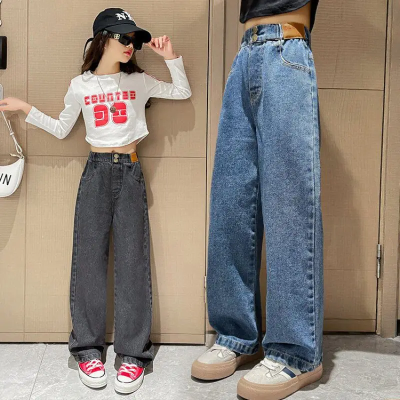 Teenager Girls Denim Pants Children Trousers Spring Autumn New Fashion Solid Color Girls Wide Leg Jeans 4-14 Years Kids Clothes