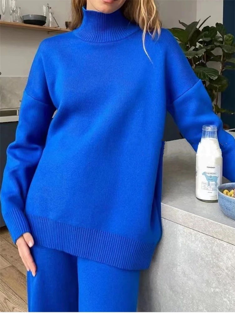 2 pezzi blu set da donna tuta lavorata a maglia maglione a collo alto e pantaloni da Jogging dritti